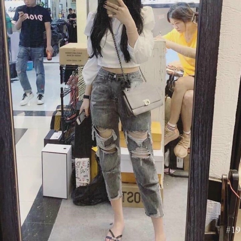 Quần jeans nữ baggy rách cạp cao may gấu