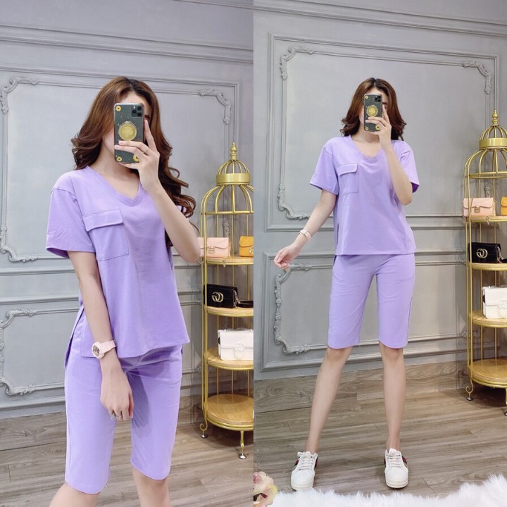 Đồ Bộ Nữ Lửng Thun Cotton Cổ Tim Xẻ Tà Hàng Chuẩn Shop Cao Cấp Thời Trang - Ảnh thật kèm video