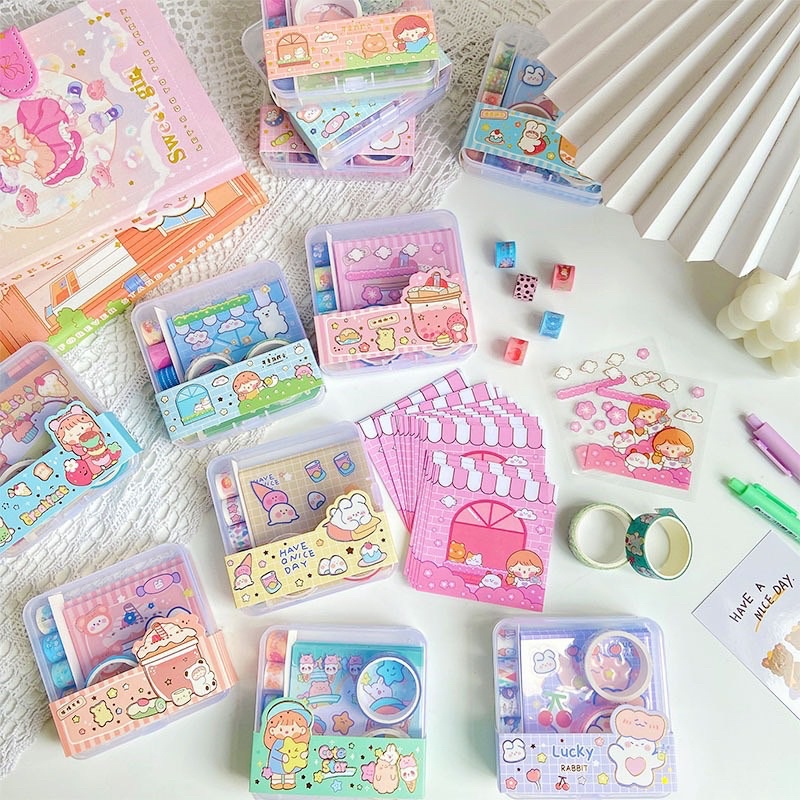 🌸Sticker hộp kèm note washi xinh xắn trang trí sổ 3in1🌸