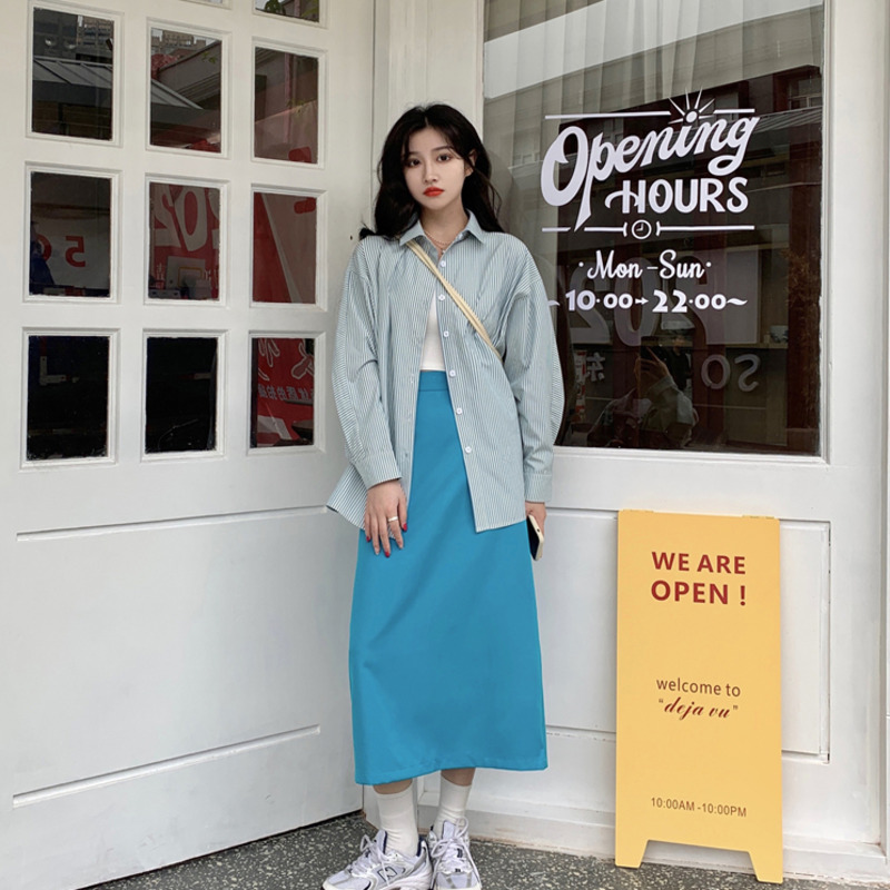 Spot  summer  western style  split ends  high waist  drape  skirt + blue  stripes  shirt | BigBuy360 - bigbuy360.vn