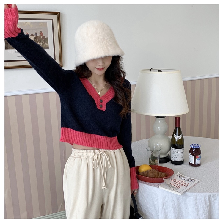 Áo len ZHELIHANGFEI tay dài cổ chữ V lưng cao dễ phối đồ