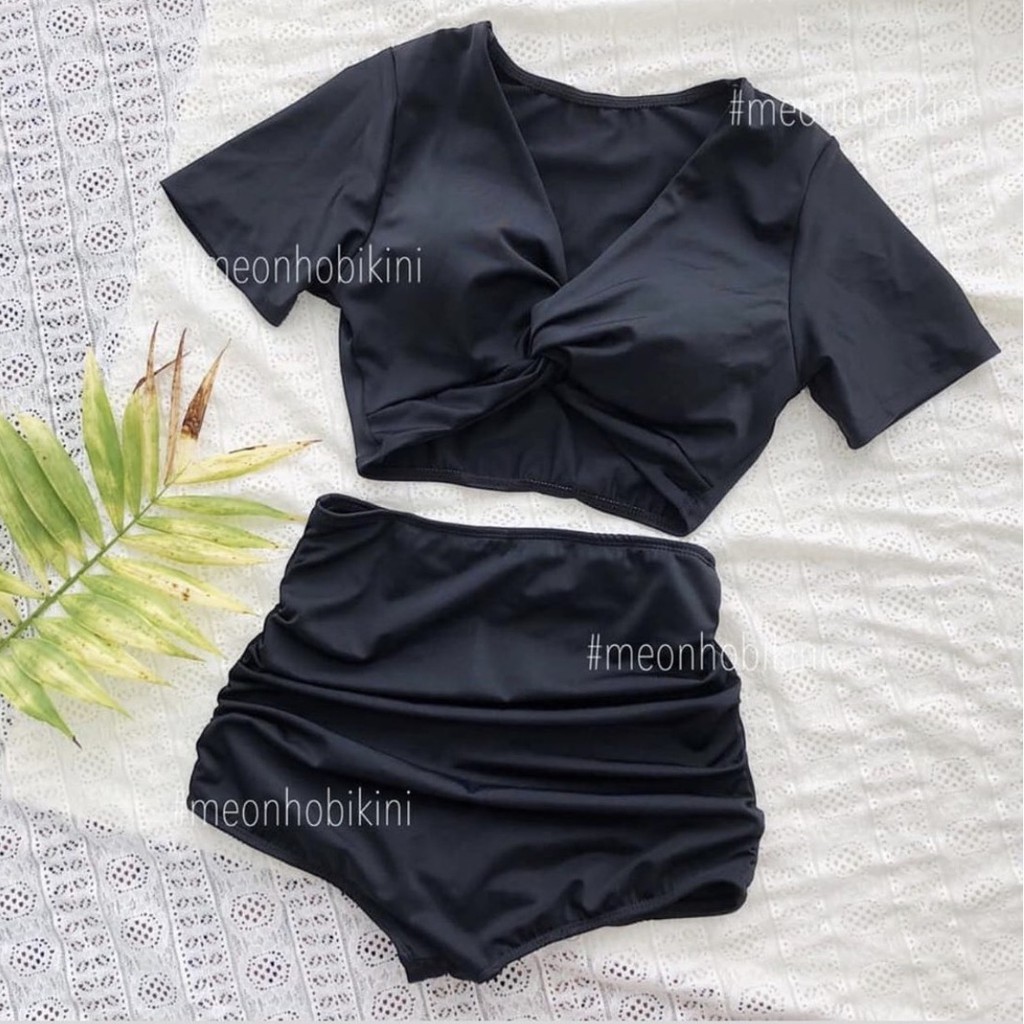 Bikini đồ bơi đi biển áo cộc xoắn bụng quần cạp cao kín đáo R09