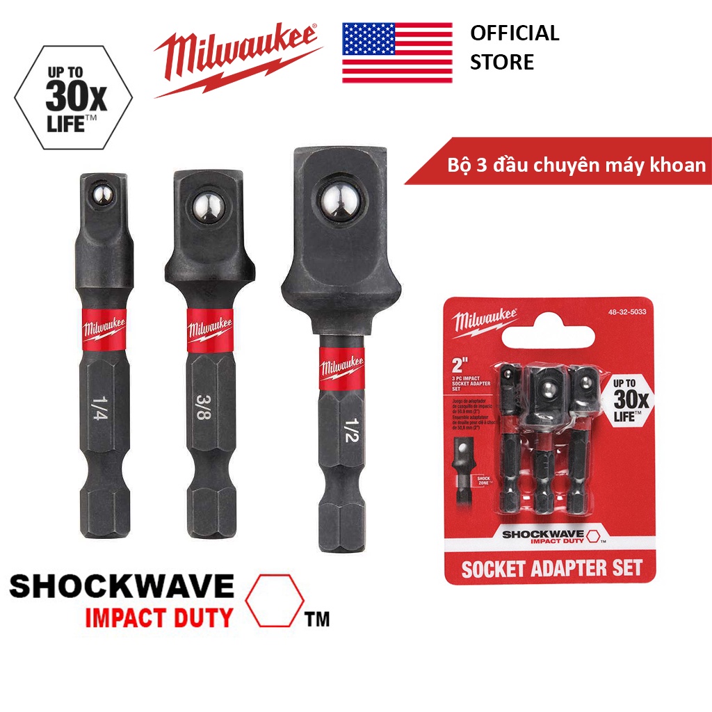 Bộ 3 đầu chuyển vít sang vặn khẩu Milwaukee 48-32-5033 Mỹ, đầu vặn khẩu chuôi lục giác đầu 1/2 - 3/8 – 1/4