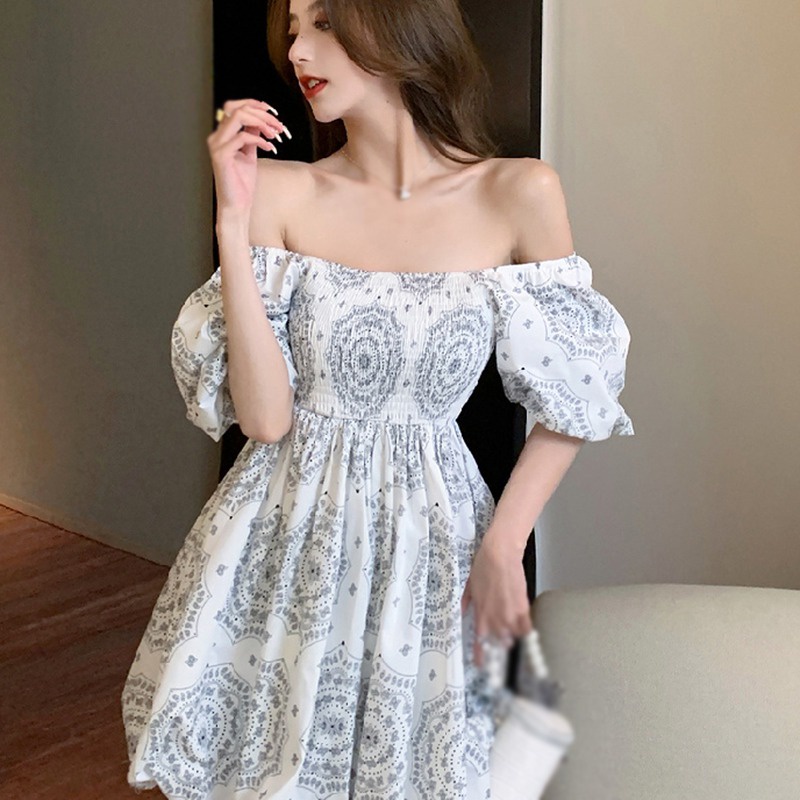 Đầm Búp Bê Tay Ngắn Hở Vai Xếp Ly Cổ Điển Thời Trang Phong Cách Hàn Quốc Cho Nữ