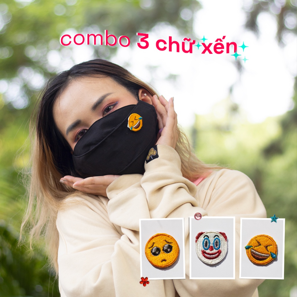 Combo BA chữ xến: 1 khẩu trang vải linen - 3 emoji thêu chỉ kim tuyến