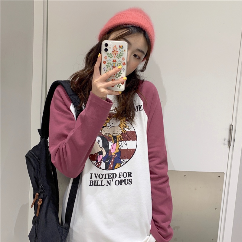 Áo Thun Tay Dài Dáng Rộng In Họa Tiết Hoạt Hình Phối Màu Xinh Xắn Thời Trang Mùa Thu