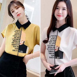 Áo chiffon nữ cổ Peter Pan tay ngắn in chữ