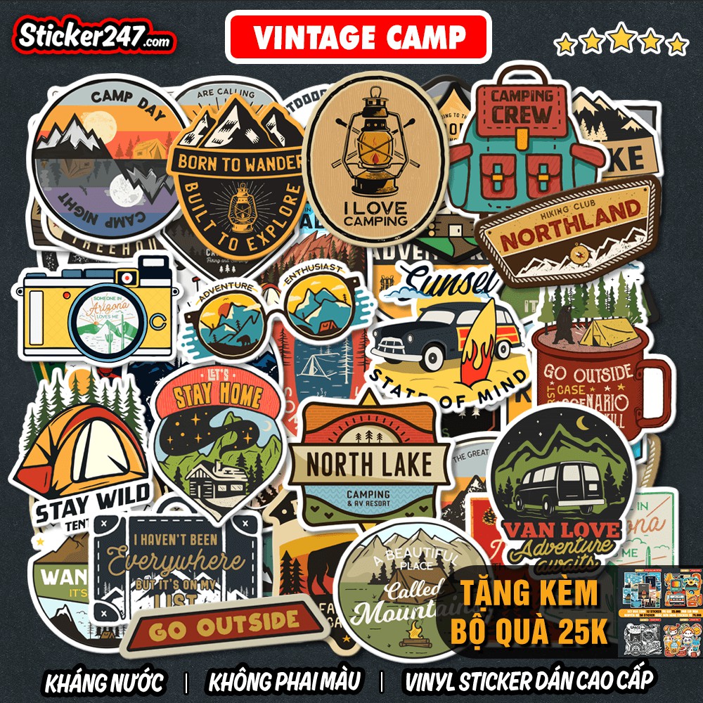 Sticker Labels Vintage Cắm Trại 🌈Freeship Sticker Dán Mũ Bảo Hiểm, Dán Vali, Đàn Guitar - Hình Dán Chống Thấm Nước