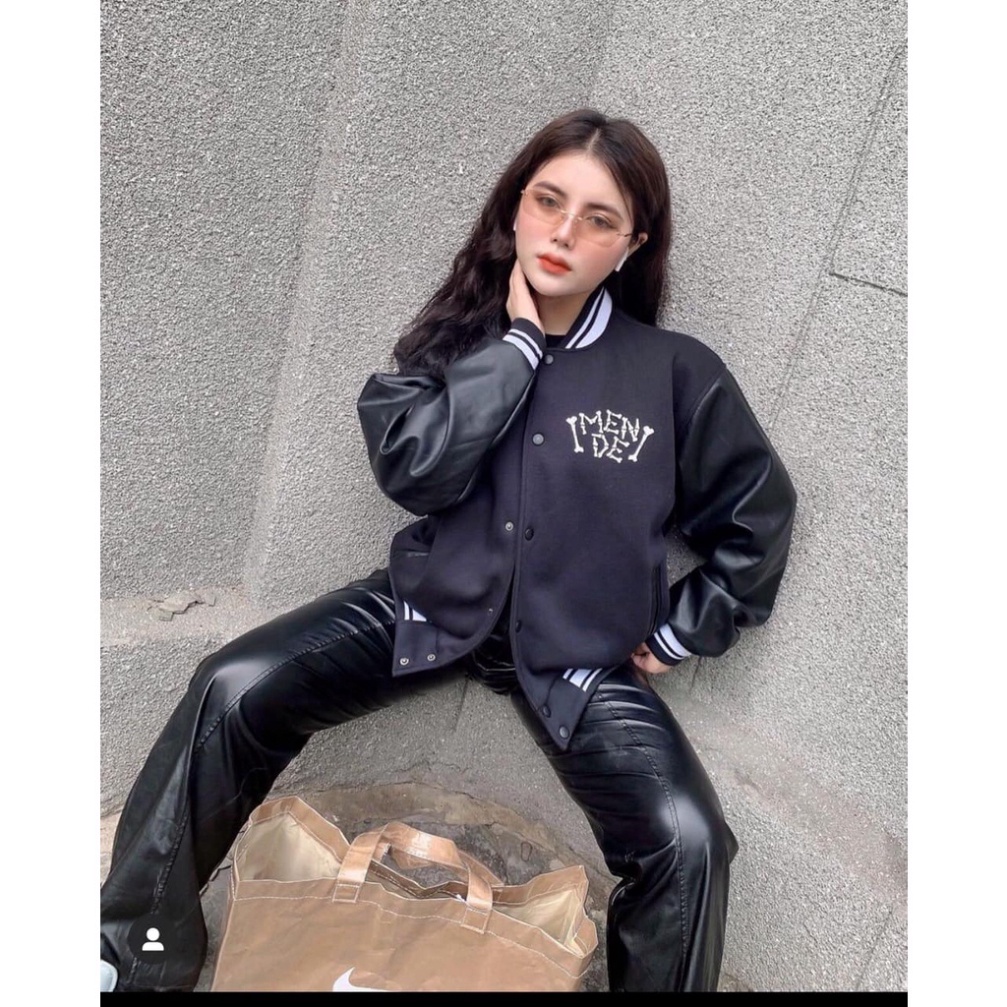 Áo Khoác gió bomber Nữ phối tay da hình đầu lâu , Áo Bomber Phối Tay 2 Lớp Siêu Dày Dặn Hàng Loại 1-Freesize