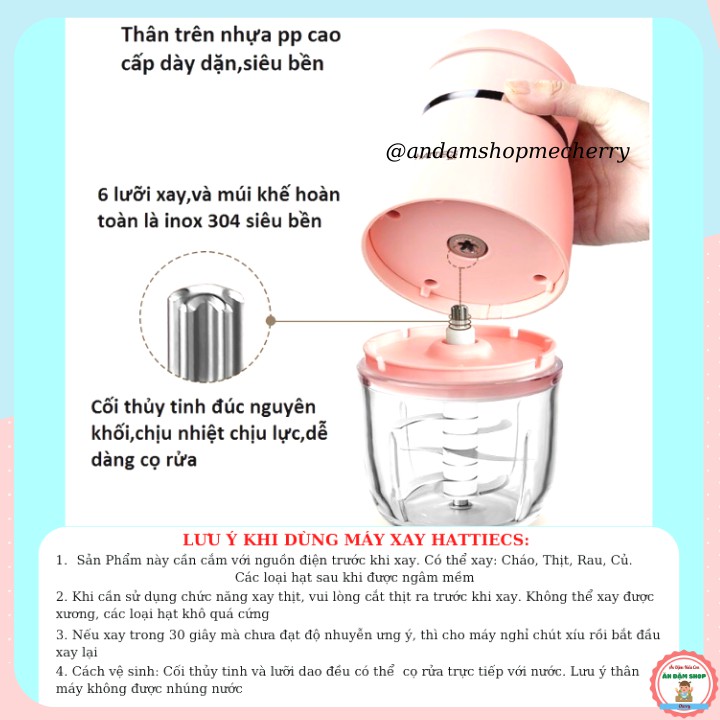 Máy Xay Hattiecs 0.3 Lít, 6 lưỡi dao và 8 lưỡi dao 2023 - Cối Thủy Tinh cho bé ăn dặm
