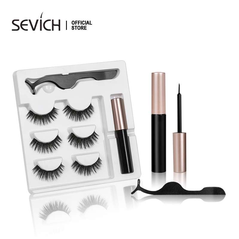 Set 3 Cặp Lông Mi Giả Từ Tính SEVICH Kèm Bút Kẻ Mắt Dạng Lỏng Chống Nước Và Nhíp Tiện Dụng