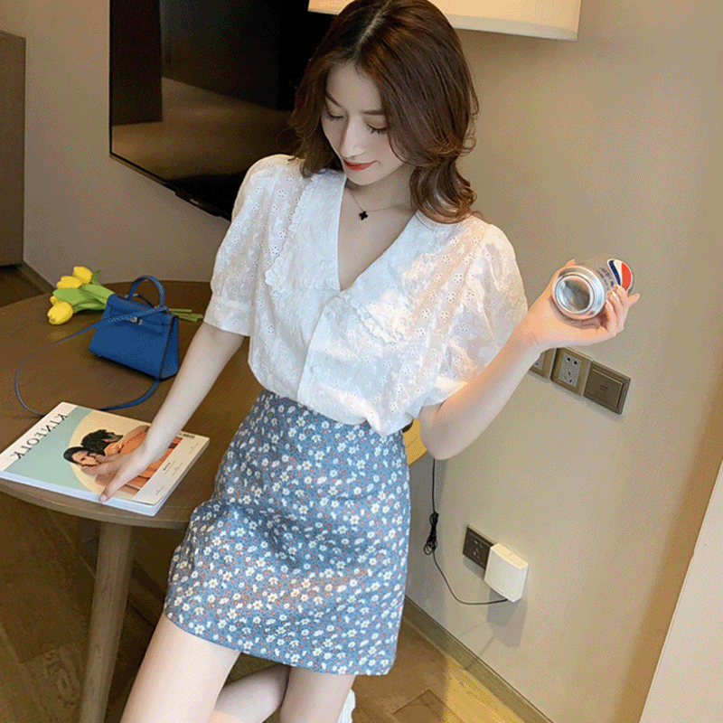 Áo kiểu cổ chữ V phối ren thời trang retro 2021 thanh lịch cho nữ