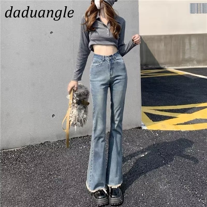 Quần jean ống loe Daduhey lưng cao màu xanh dương nhạt thời trang Hàn Quốc cho nữ