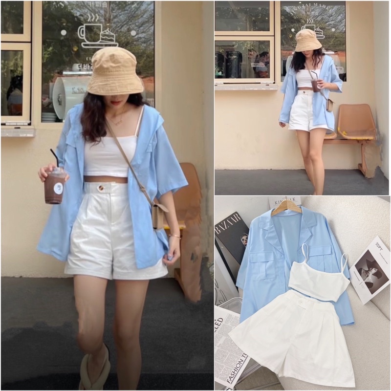 Set 3 Món: Khoác Sơ Mi Xanh Kèm Áo 2S Crop Phối Short Trắng