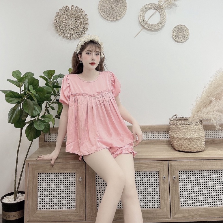 (Fressize shp 50k) Đồ Bộ  Nhistore Lua Latin  Áo Tay Phồng Viền Quần Ngắn Bèo Có Túi Freesize Dưới 57kg