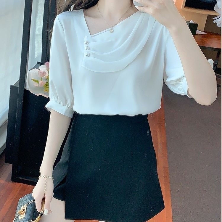 Áo chiffon thời trang hè 2022 tay ngắn dành cho nữ phong cách Pháp