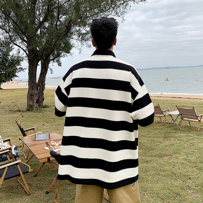 Áo polo Ngắn Tay Form Rộng Họa Tiết Kẻ Sọc Màu Sắc Tương Phản Thời Trang Mùa Hè Dành Cho Nam