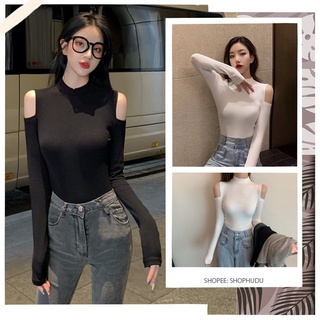 SUA010 Áo thun ôm body cổ lọ khoét vai đen trơn tay dài tôn dáng Áo phông kiểu nữ hở 2 vai cao cổ hè thu đông