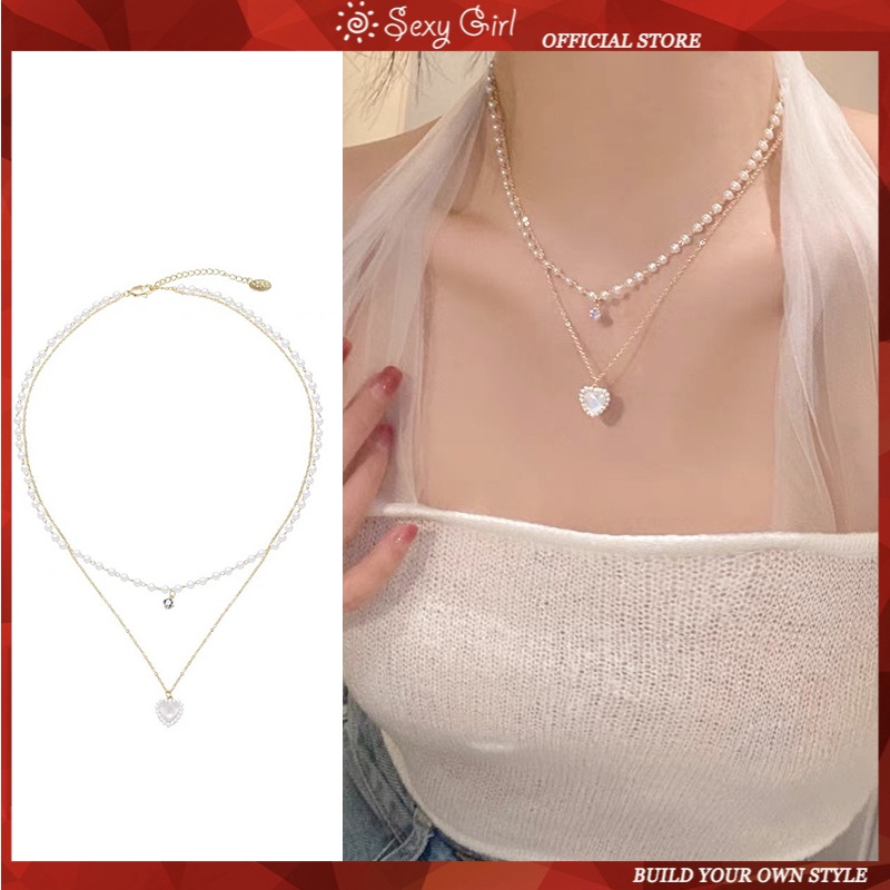 Vòng cổ Hai Lớp Đính Ngọc Trai Và Trái Tim Sang Trọng Cho Nữ