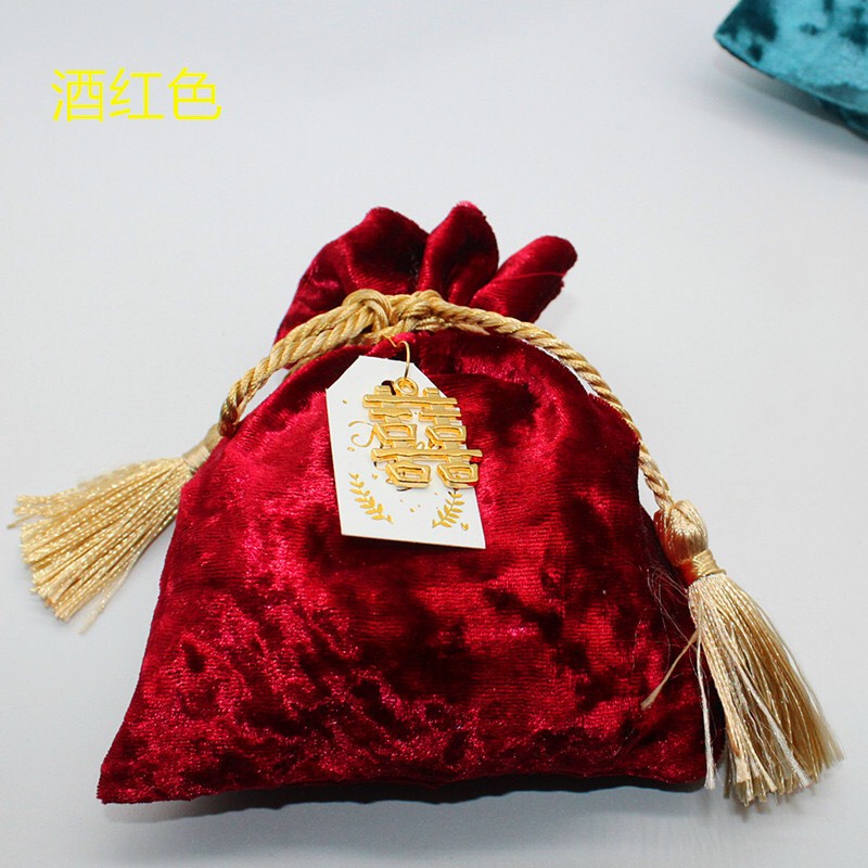 Túi Dây Rút Vải Nhung kèm chữ Hỷ Đựng quà cưới, Trang Sức, mỹ phẩm tiện dụng
