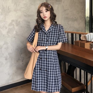 CCVN Đầm in sọc caro thiết kế hai hàng nút thời trang cho nữ