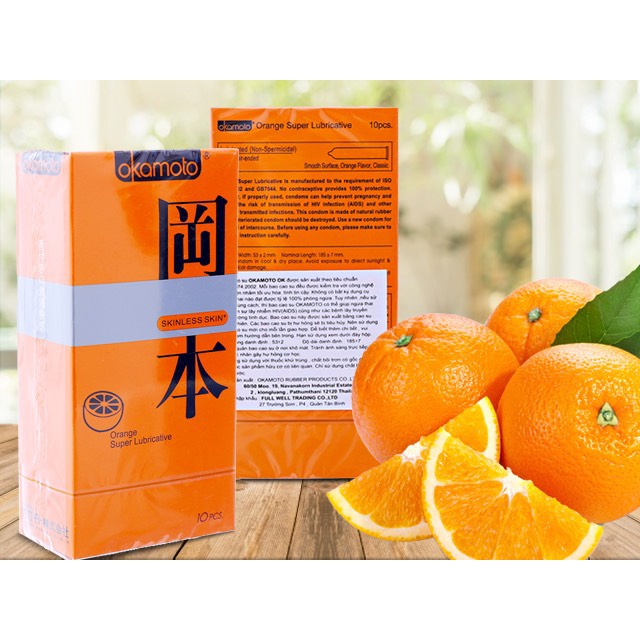 Bao cao su Okamoto cao cấp, bao cao su siêu mỏng hương cam, mang lại cảm giác mới lạ. hộp 10 bcs
