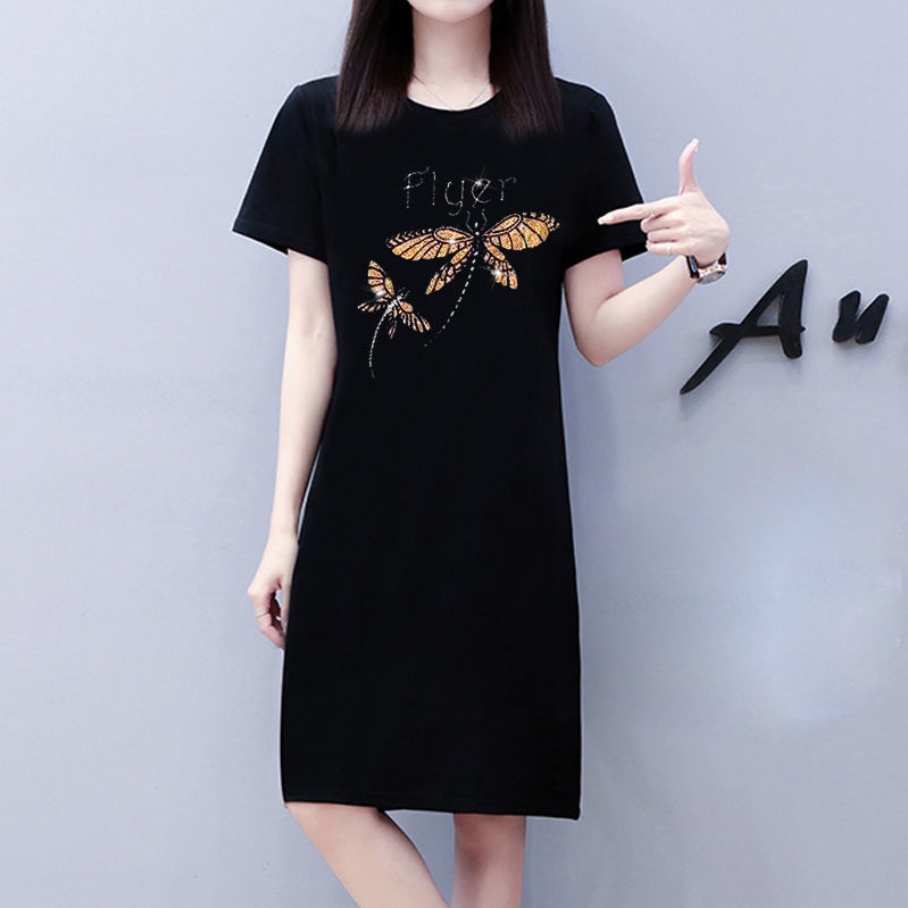 Đầm Thun Midi Tay Ngắn Đính Kim Sa Lấp Lánh Phong Cách Hàn Quốc Thời Trang Cho Nữ 40-80kg C8638