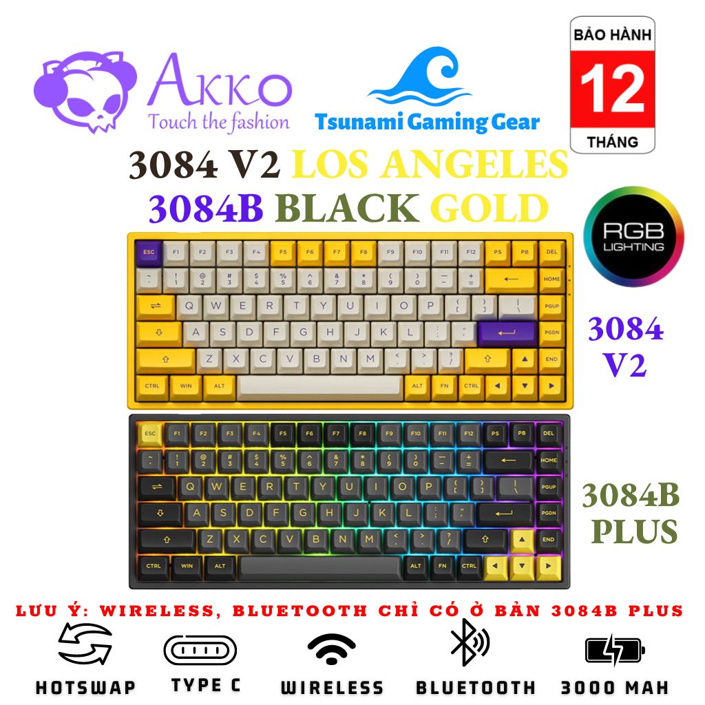 Bàn phím cơ AKKO 3084 v2 Los Angeles/ 3084B Plus Black Gold | RGB | Bluetooth | Wireless 2.4 Ghz | USB Type C