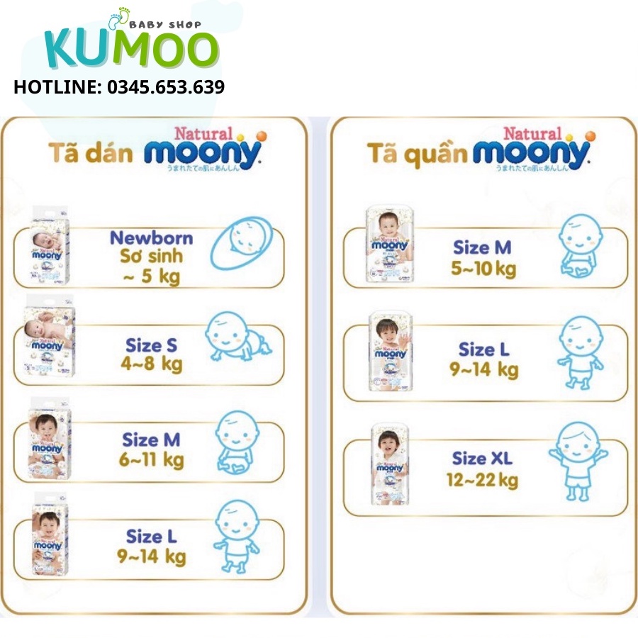 Combo 2 Tã Bỉm Dán/Quần MOONY NATURAL Nội Địa Nhật Đủ Size NB63/S58/M46/L38/M46/L32/XL32
