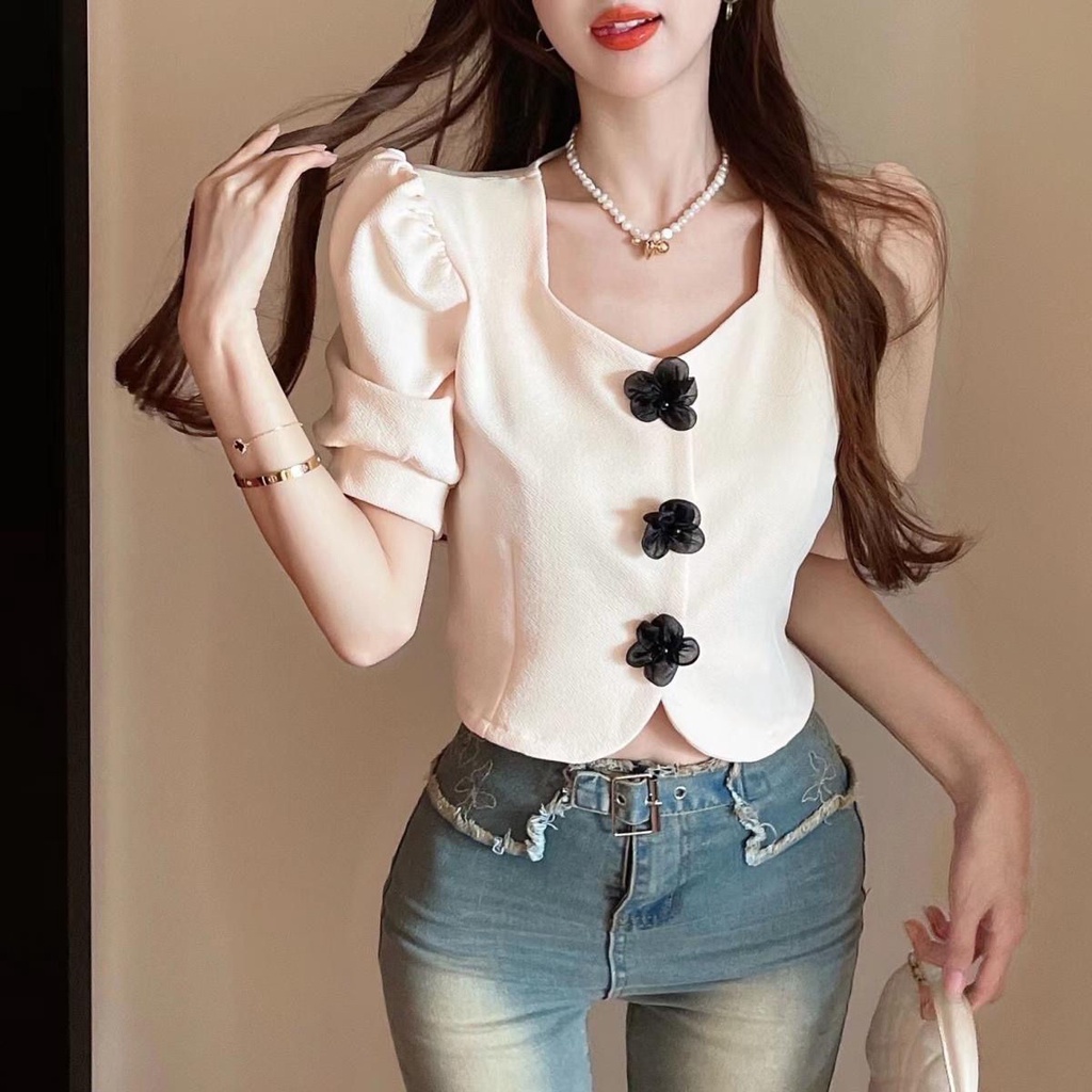 Jiashucheng2023 Áo Sơ Mi Ngắn Tay Cổ Thấp Ôm Dáng Hở Rốn Đính Hạt Ba Chiều Hình Hoa Nhỏ Phong Cách Mới Mùa Hè Cho Nữ