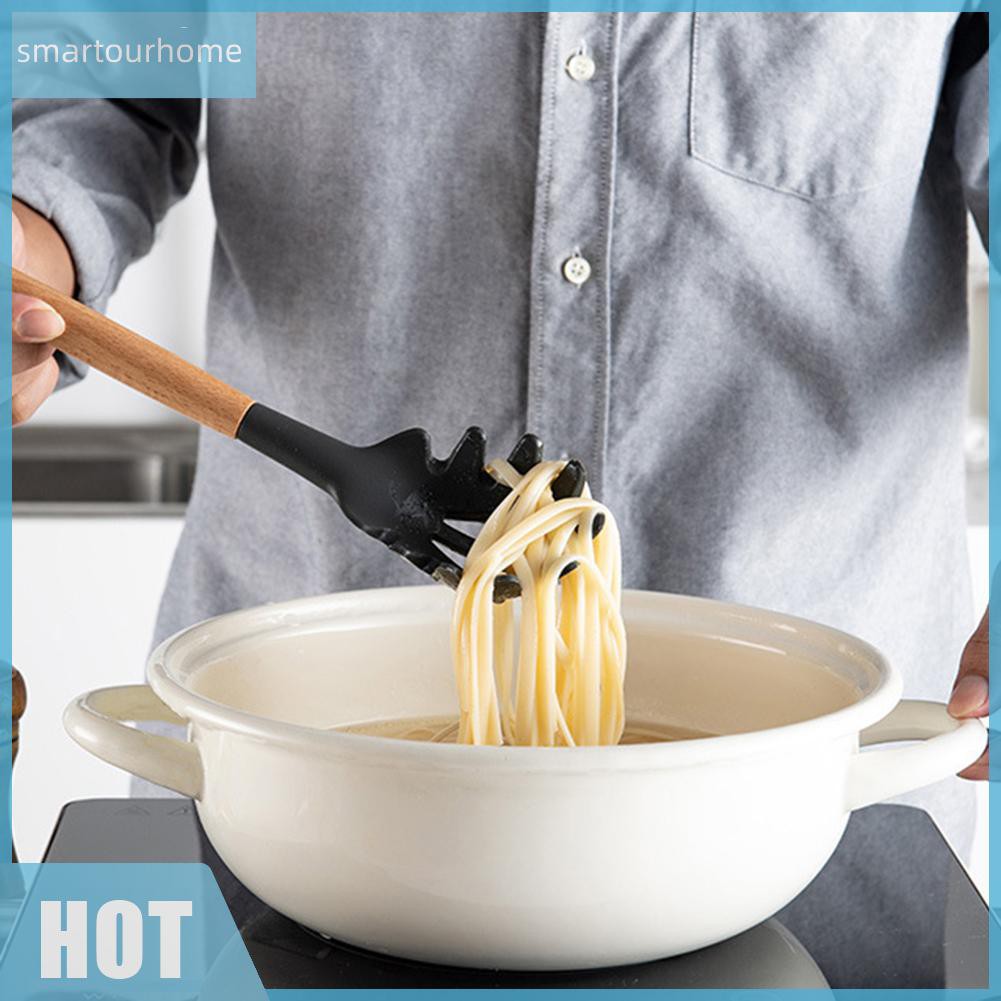 Bộ thìa bàn xẻng bằng silicone có tay cầm bằng gỗ để ăn mì pasta ăn súp tiện dụng
