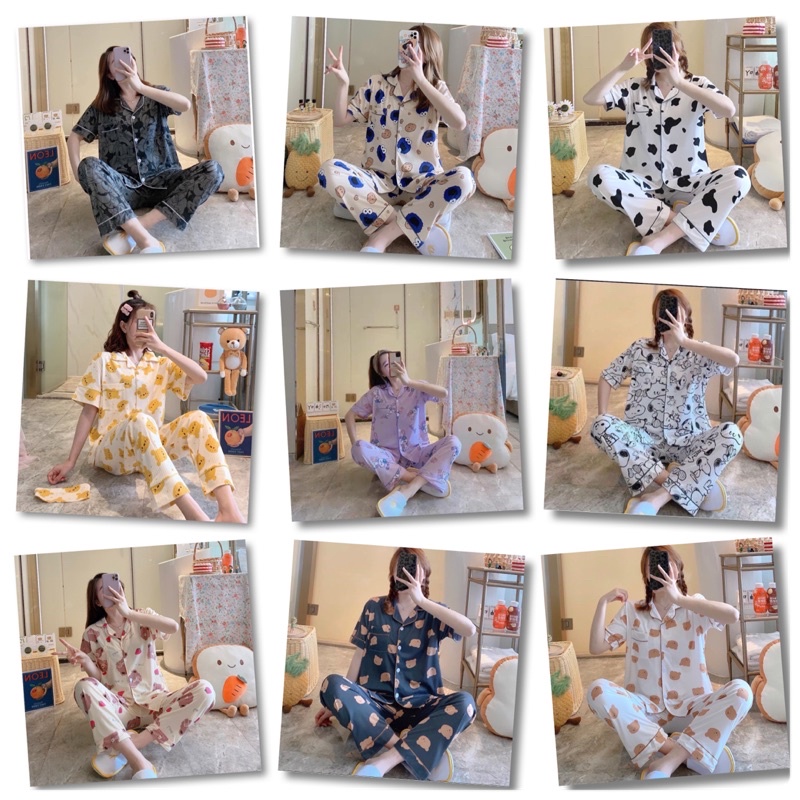 Bộ đồ ngủ pijama nữ cộc tay quần dài chất lụa Kate Thái mềm mịn nhiều màu nhiều mẫu hình dễ thương - CD0055
