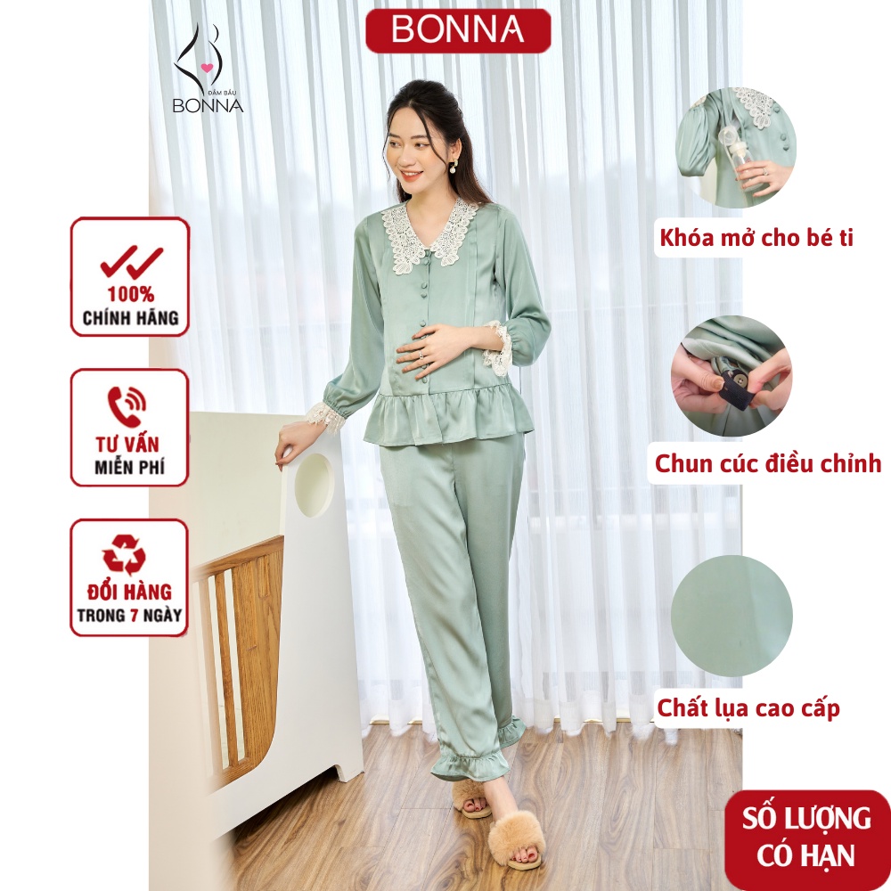Đồ bầu mặc nhà và sau sinh BONNA có khóa mở cho bé ti, quần có chun cúc điều chỉnh, chất liệu lụa satin cao cấp B029