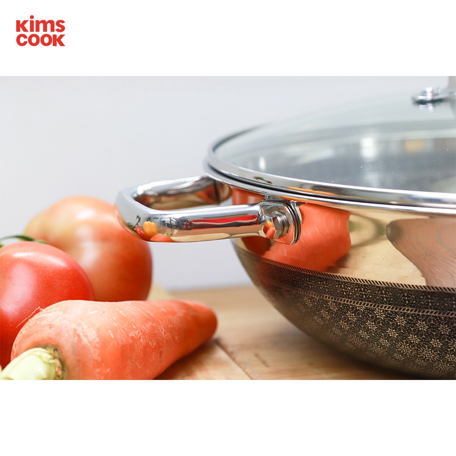 Chảo xào inox 304 cao cấp KimsCook NOONSONG 2 quai 30cm chống dính 2 mặt 3 lớp đúc liền đáy từ nắp kính , tặng 1 sạn ino