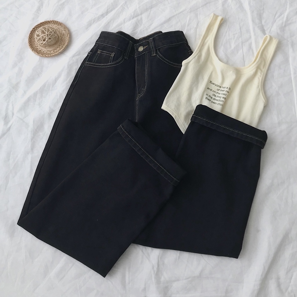 Quần Jean Nữ Ống Rộng JEM CLOSET Lưng Cao Thiết Kế Chỉ Viền Nổi Cá Tính TERRA 2906