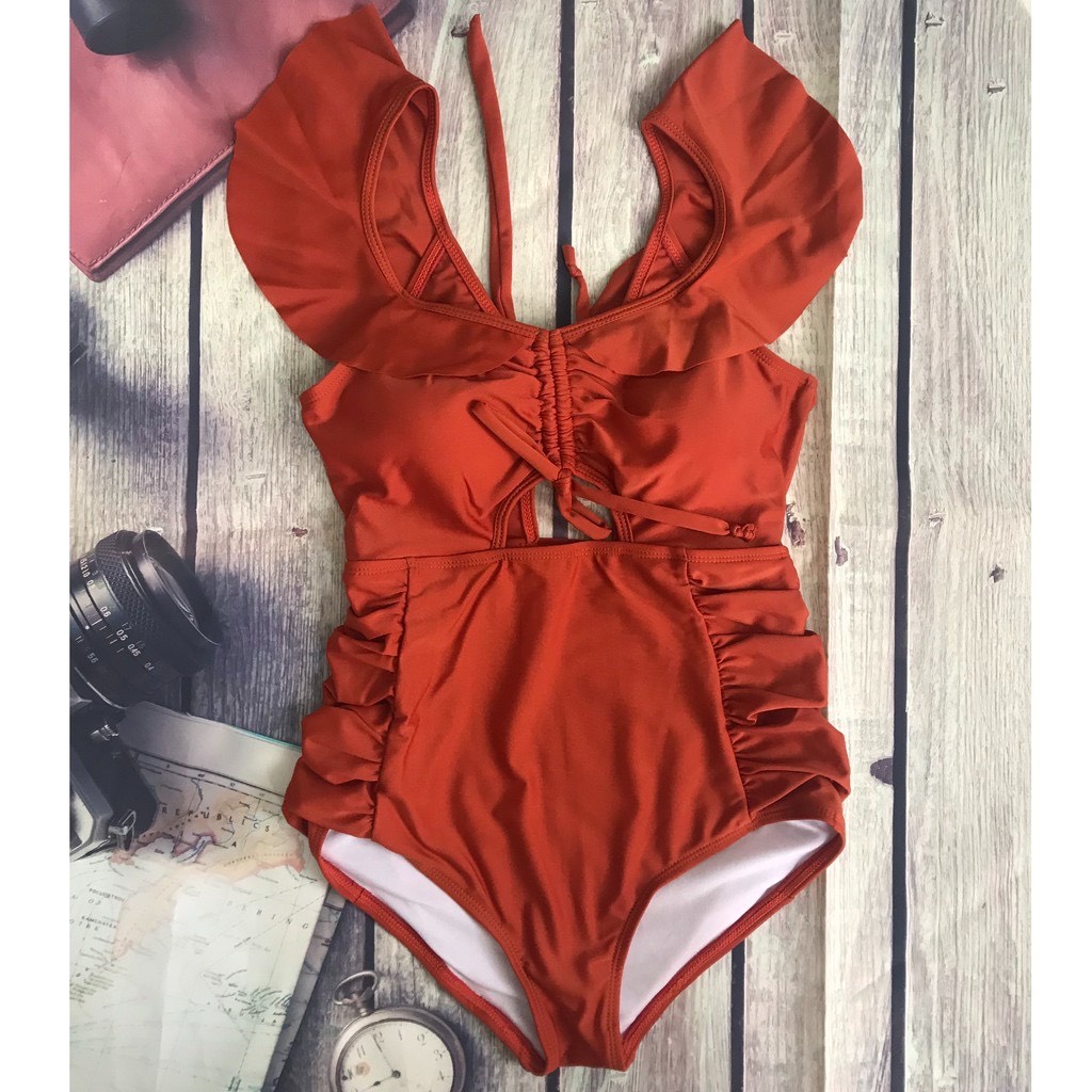 Bikini Liền Thân Vai Bèo Rút Ngực Nhiều Màu, Đồ Bơi Nữ 1 Mảnh Cut Out Nhún Sườn Dễ Thương - OS099
