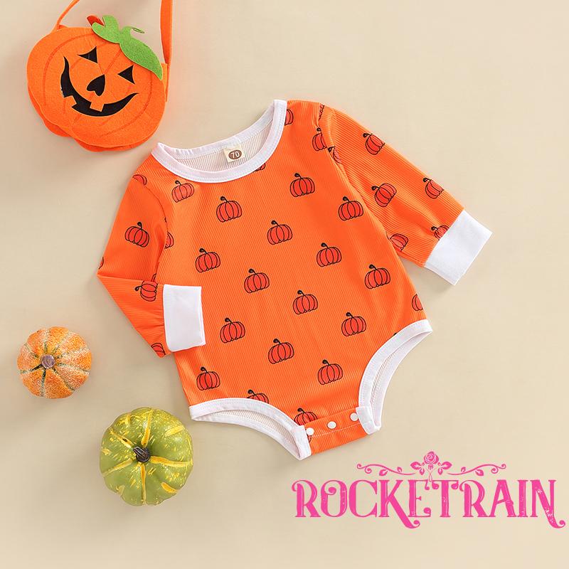 Áo Liền Quần Dài Tay Cổ Tròn Họa Tiết Bí Ngô Halloween Cho Bé
