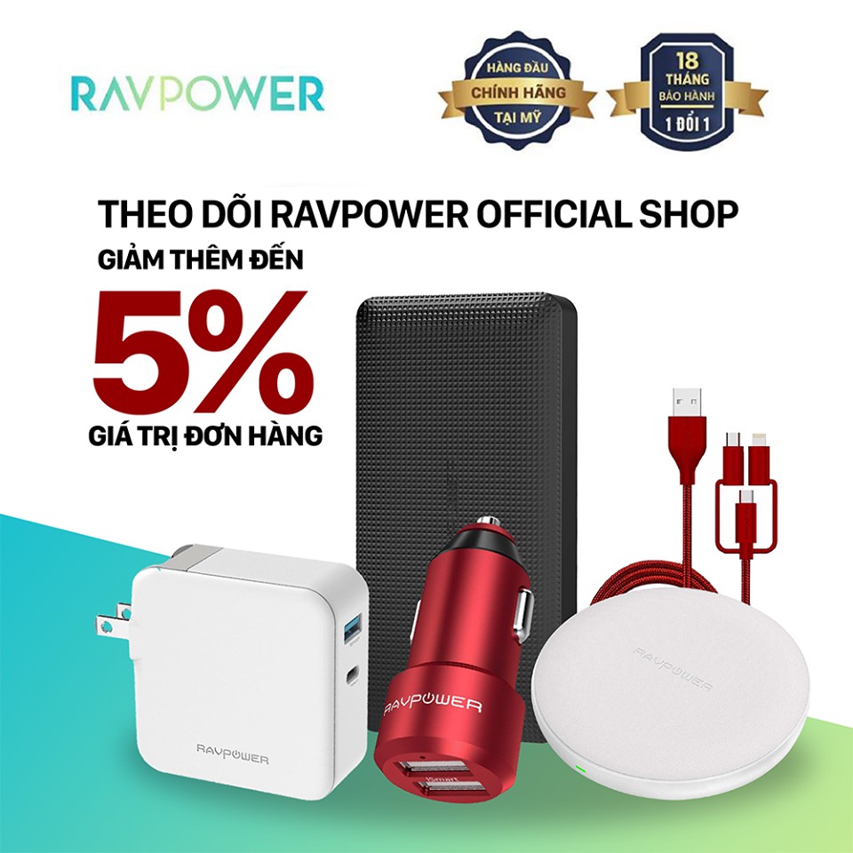 [Mã BMBAU50 giảm 7% đơn 99K] Pin Sạc Dự Phòng RAVPower 5000mAh Công nghệ iSmart, Thiết Kế Mỏng Nhẹ RP-PB093