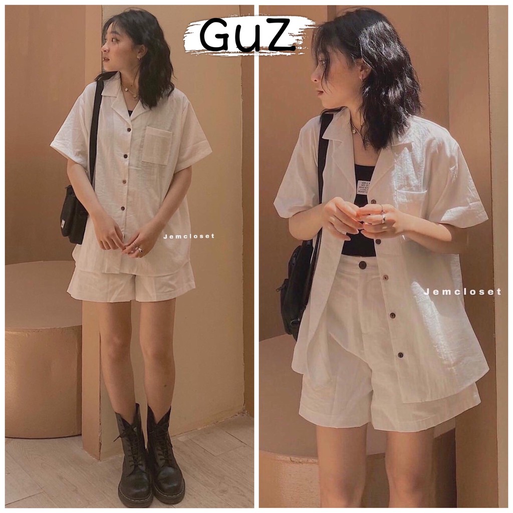 Set đồ nữ cá tính [FREESHIP] Set áo blazer cộc tay mix quần đùi cạp cao màu trắng trẻ trung GuZ