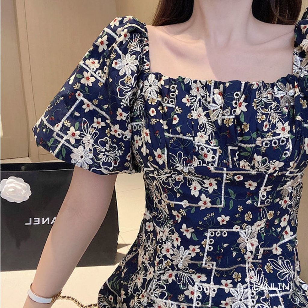 Đầm hoa nhí , váy chữ a ngắn , cổ vuông , tay bồng tiểu thư phong cách Hàn Quốc | BigBuy360 - bigbuy360.vn