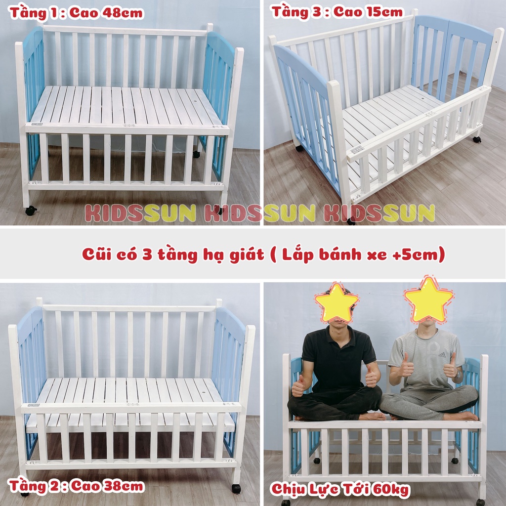 Cũi Cho Bé KIDSSUN Kích Thước(120x80x86) Gỗ Quế Màu Trắng Xanh BH 24 Tháng Hàng Xuất Khẩu Kèm Quà Tặng Cho Bé