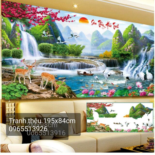 Tranh thêu phong cảnh non nước hữu tình khổ lớn 195x84cm