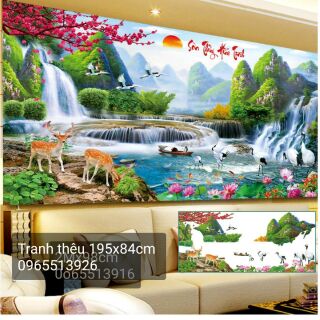 Tranh thêu phong cảnh non nước hữu tình khổ lớn 195x84cm
