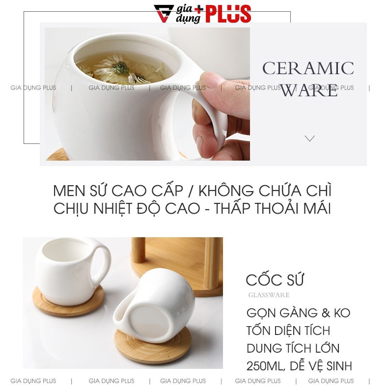 Bộ Chum Đựng Nước Sứ Có Vòi 3 Lít Kèm Kệ Gỗ &amp; 6 Cốc Sứ Màu Trắng Cao Cấp