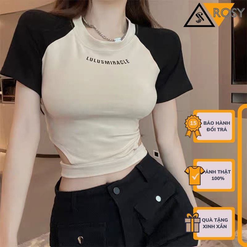 Áo kiểu croptop cổ tròn tay ngắn phối màu chất thun co giãn năng động cá tính