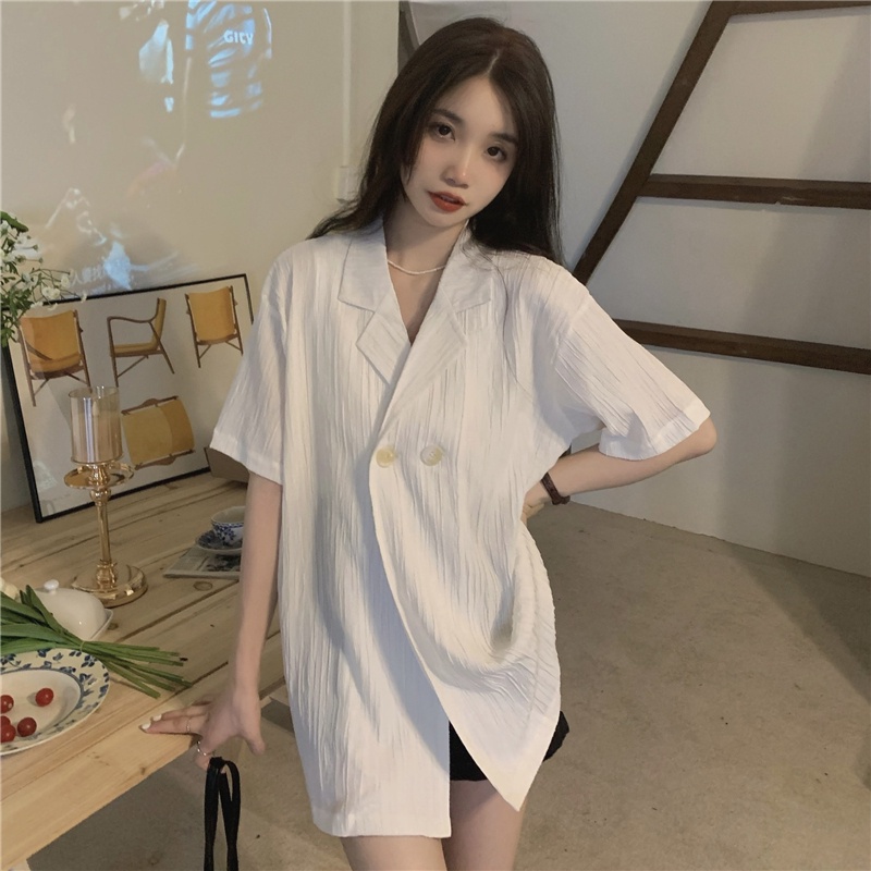 Áo Khoác Blazer Ngắn Tay Dáng Rộng Thời Trang Retro Hàn Quốc Cho Nữ