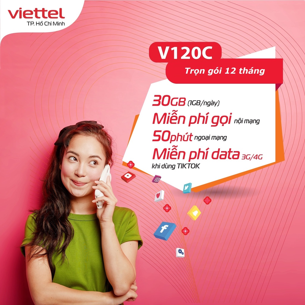 TRỌN GÓI 12 THÁNG Sim 4G Viettel gói V120C miễn Phí gọi nội mạng dưới 20 phút và 1GB ngày