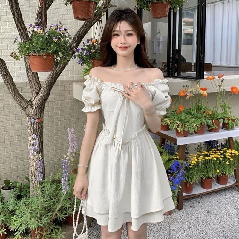 Đầm Tay Phồng Cổ Vuông Màu Trơn Ôm Dáng Phong Cách Retro Pháp