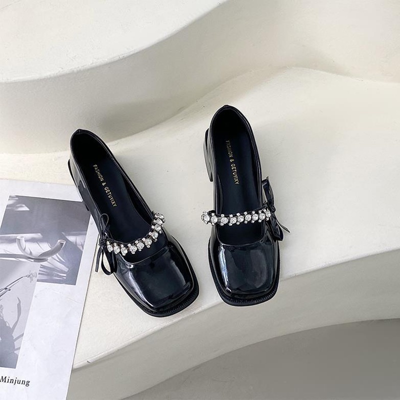 Giày cao gót IELGY mũi vuông bằng da đính nơ phong cách thời trang dành cho nữ