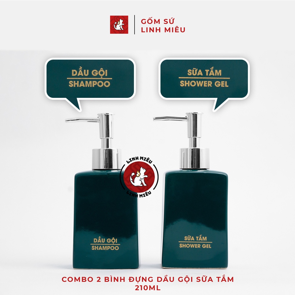 (210ml) Combo tiết kiệm 2 bình sứ đựng dầu gội, sữa tắm, dầu xả, nước rửa tay bằng sứ Bát Tràng cao cấp dáng chữ nhật